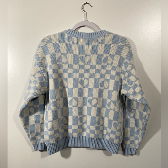 LA Hearts Checker Sweater with Hearts Knit Oversized pastel blue and white XS - Picture 2 of 8